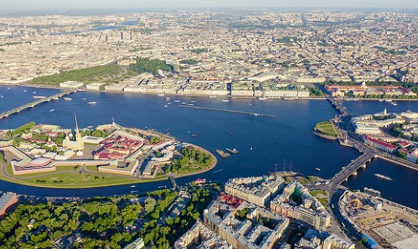 Saint-Petersburg, Russia. Neva River. Panoramic aerial view of Hare Island and Artelery Island. Peter-Pavel s Fortress. Trinity bridge. Spit of Vasilyevsky Island, From Drone